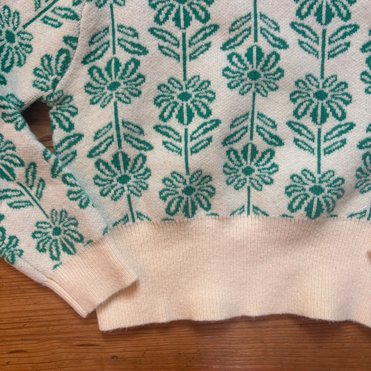 Merci green white floral mock neck cropped sweater SIZE S