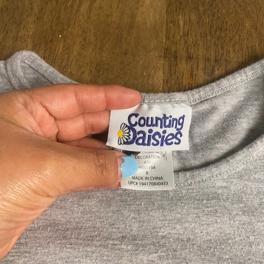 Counting Daisies gray long sleeve Christmas Santa embroidered shirt SIZE 8