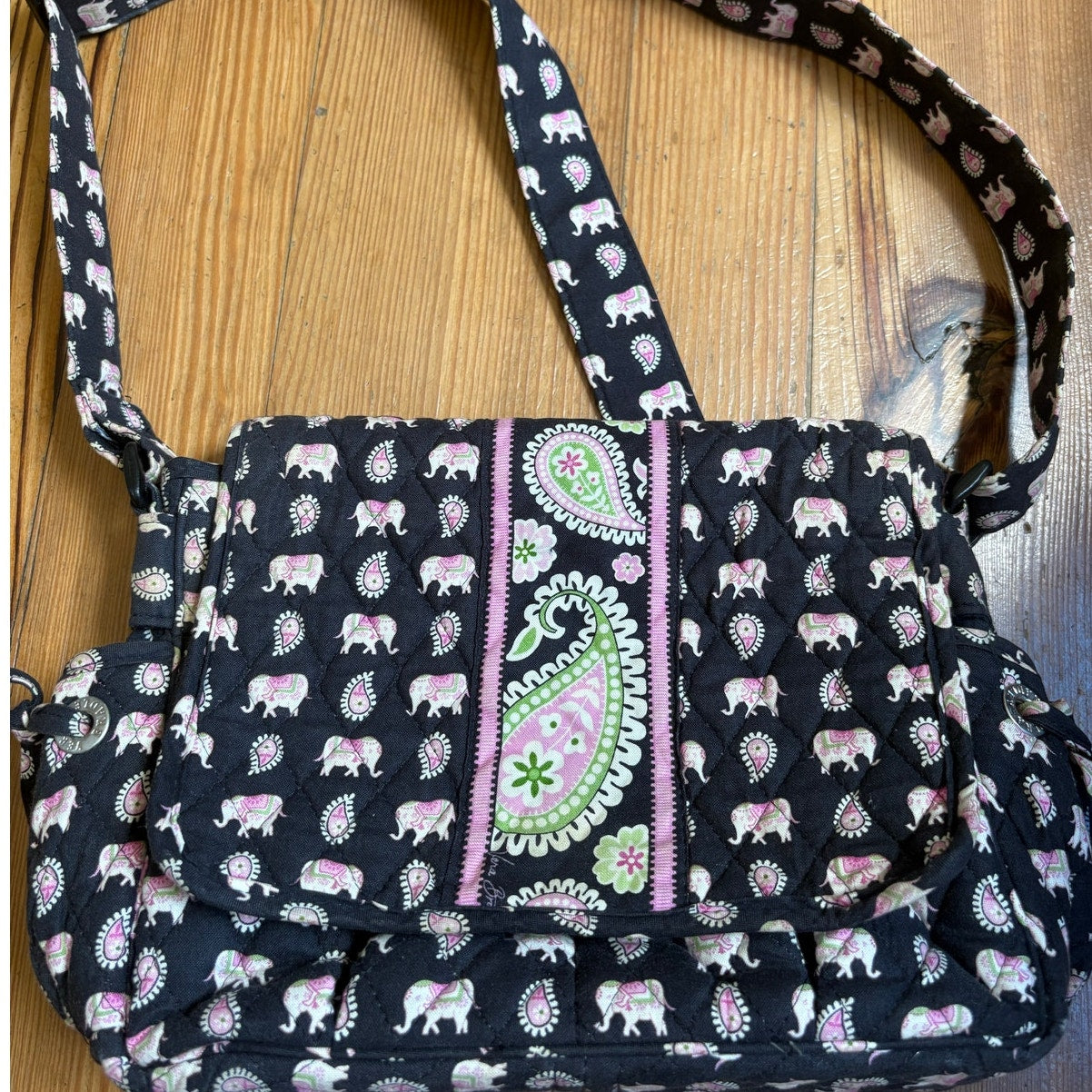 Vera Bradley black pink elephant medium shoulder bag with wallet