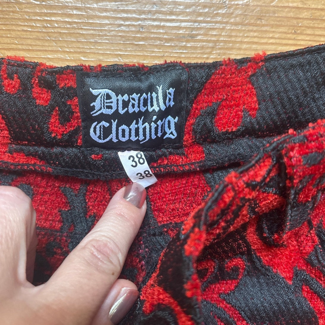 Dracula Clothing red brocade office snap bottom boot cut pants SIZE 38