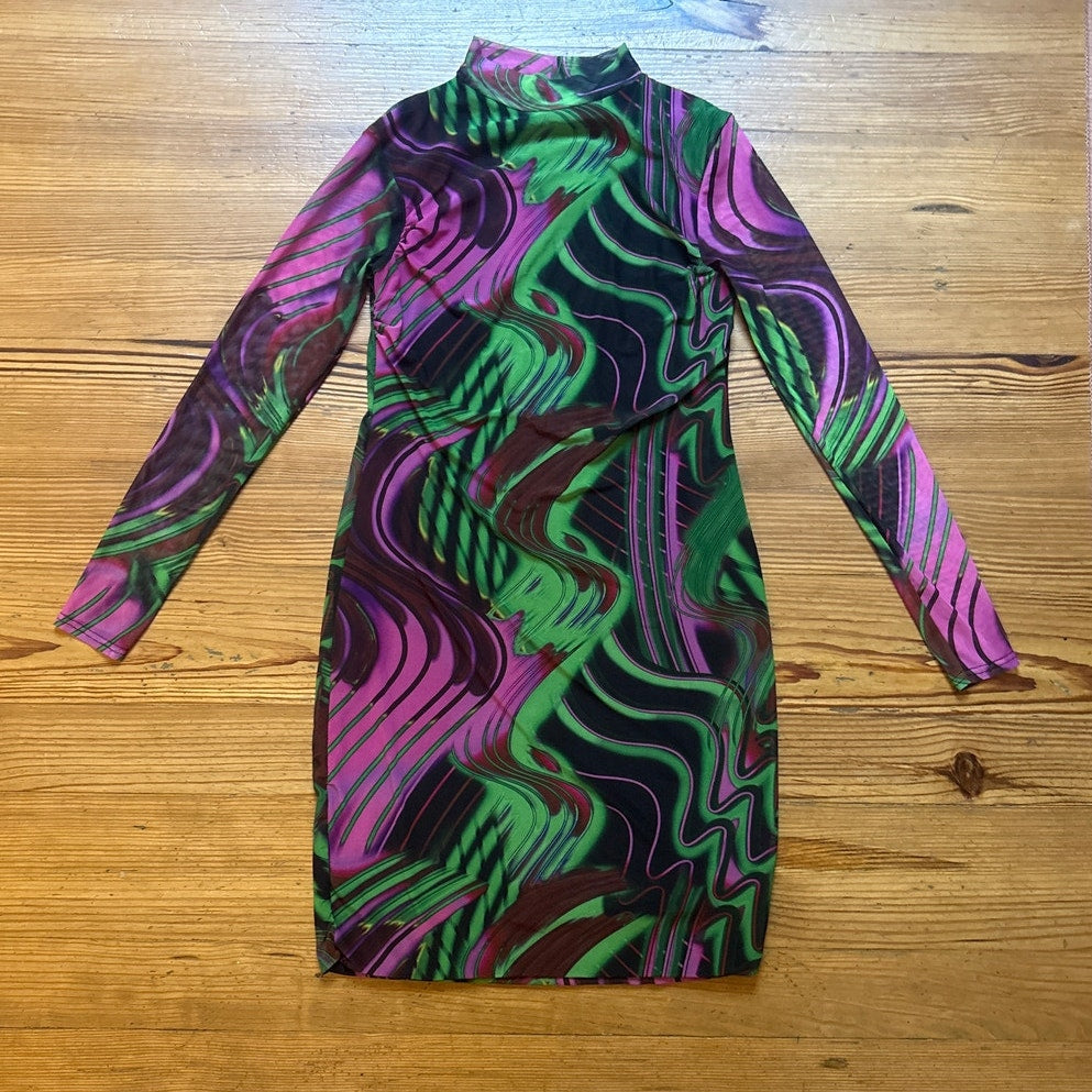 PrettyLittleThing abstract sheer long sleeve bodycon turtleneck dress SIZE 10