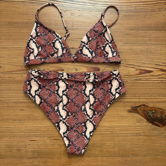 Shein brown cream snake skin high waisted 2 piece swimsuit SIZE L