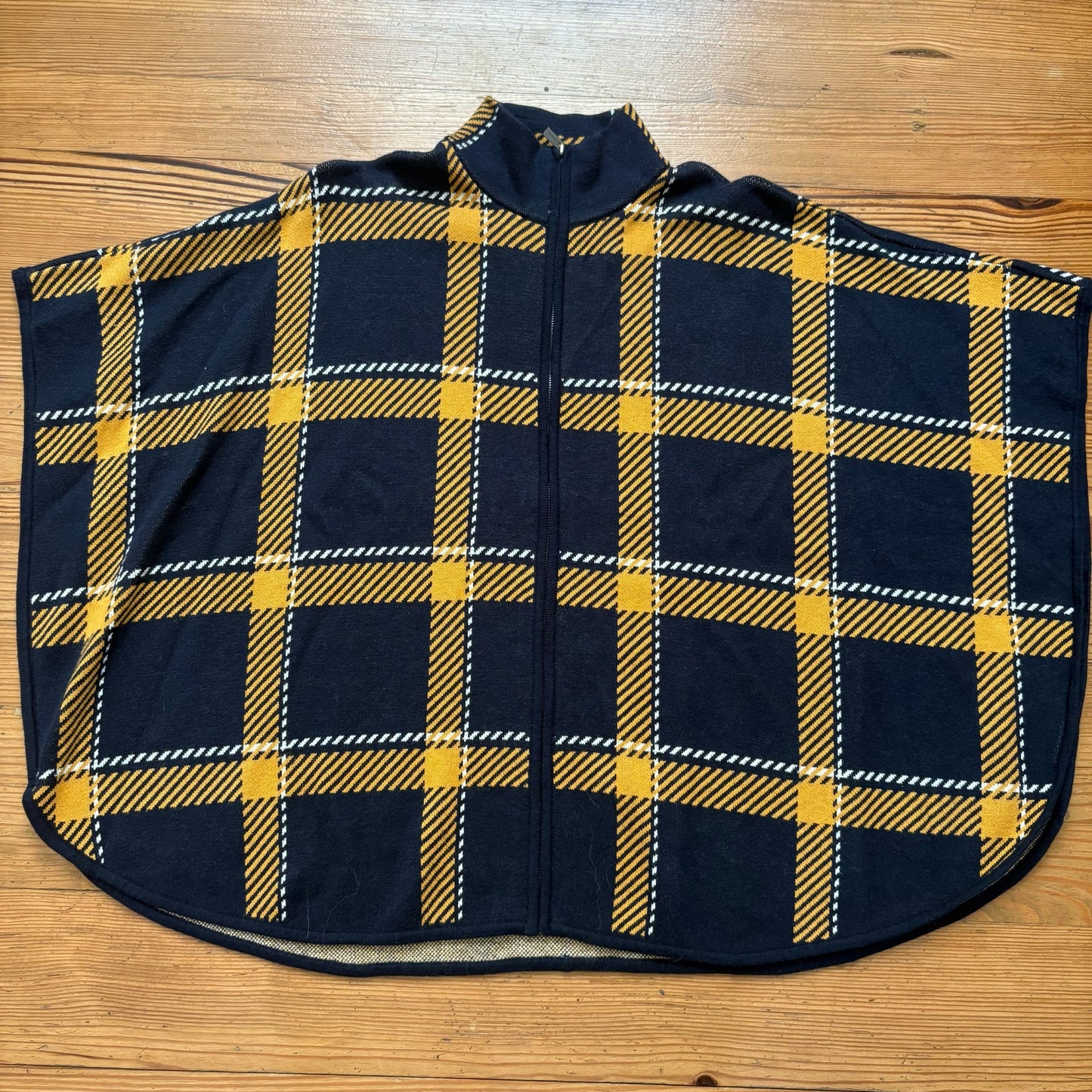 Jones New York blue yellow checkered full zip mock neck poncho sweater SIZE S/M