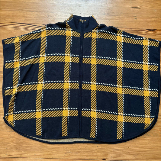 Jones New York blue yellow checkered full zip mock neck poncho sweater SIZE S/M