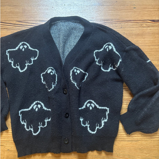 Shein black ghost Halloween chunky knit cardigan sweater SIZE 1XL