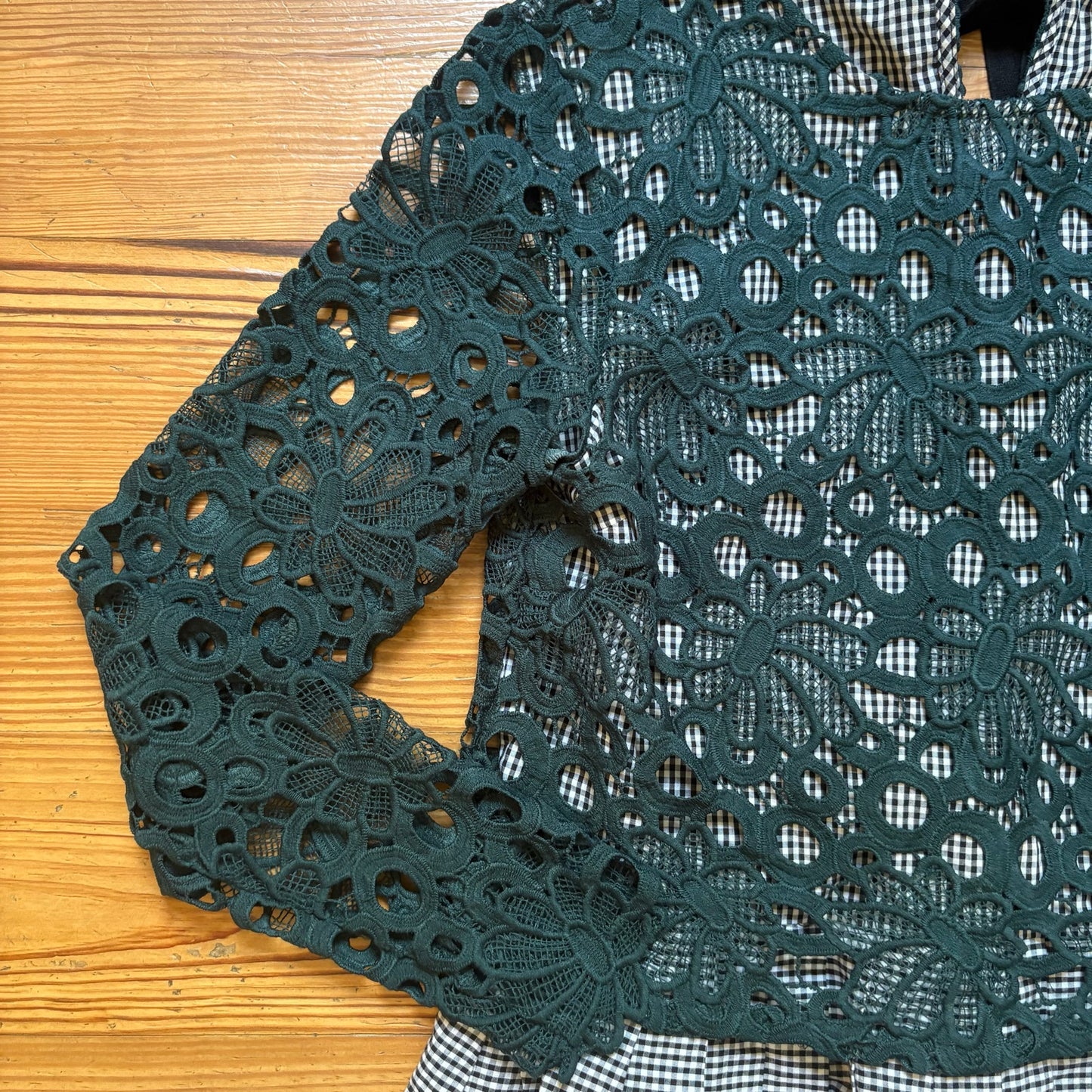Anthropologie Mauve Gabriella black white gingham lace peplum blouse SIZE S