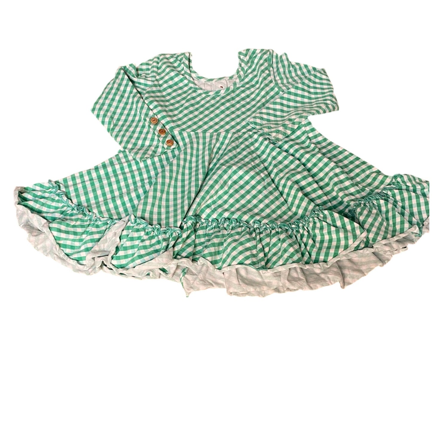 Shrimp & Grits Kids green white gingham long sleeve ruffle bottom dress SIZE XS