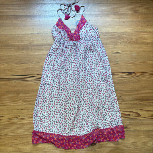Old Navy 90s pink purple floral tassel halter knee midi dress SIZE M