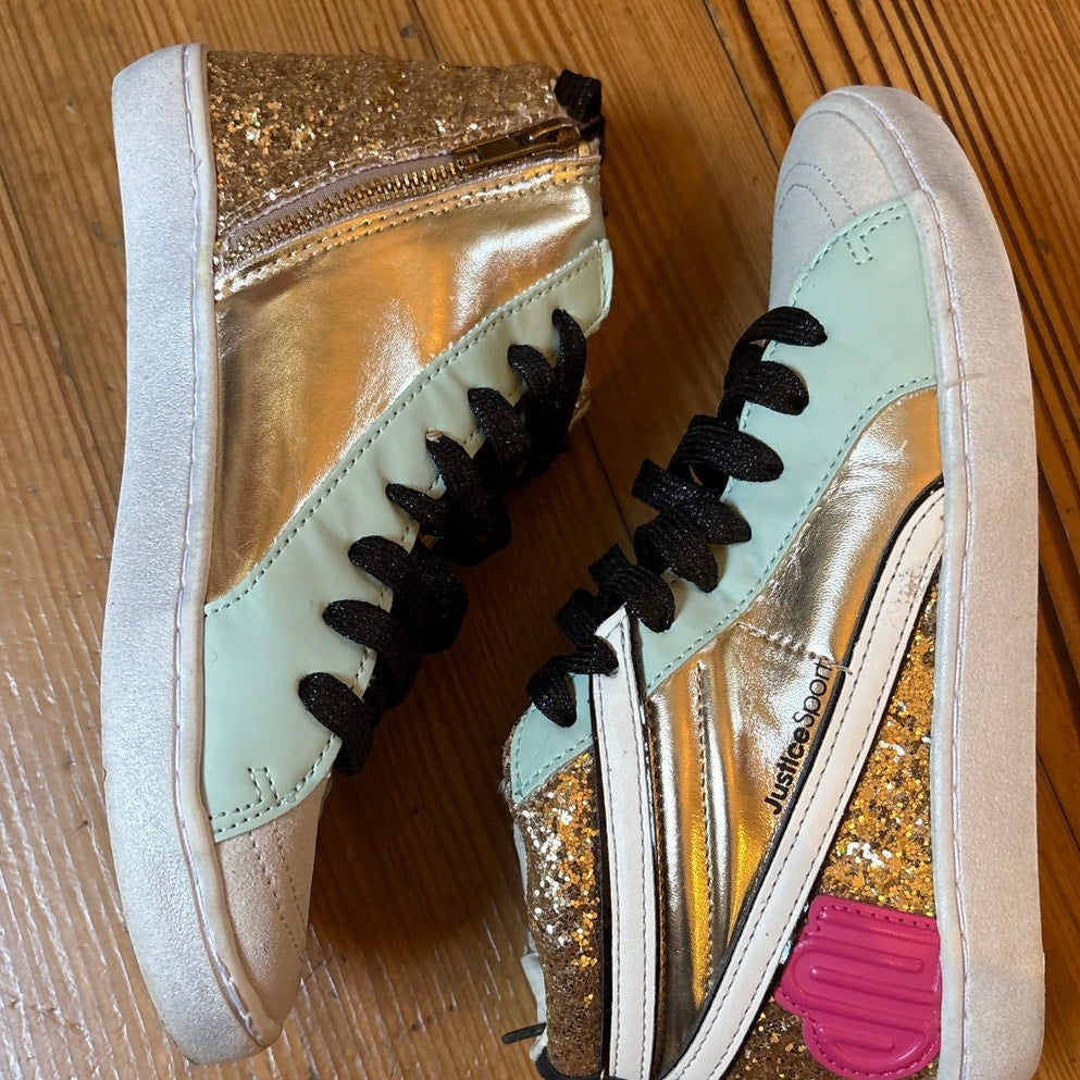 Justice Sport metallic gold glitter high top zipper side girls sneakers SIZE 4