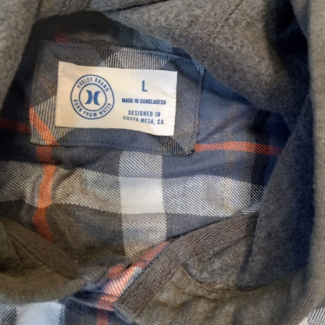 Hurley blue gray plaid hooded button up long sleeve shirt SIZE L