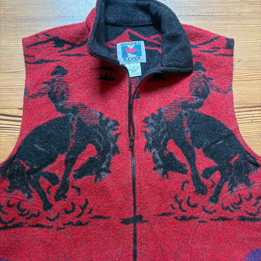 Wooded River 90s red wool cowboy horses full zip mens western west SIZE M