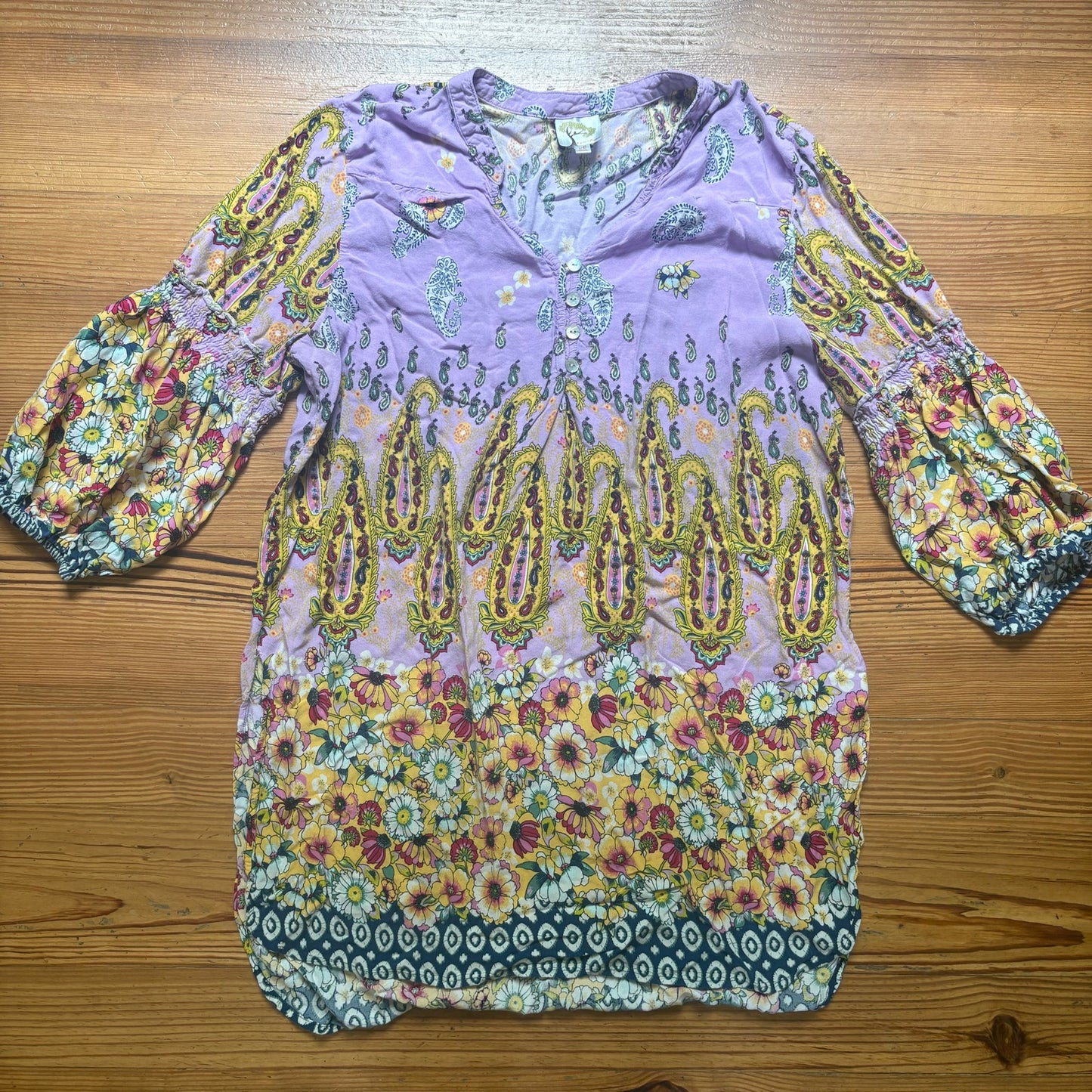 Fig and Flower purple yellow floral quarter sleeve tunic shirt SIZE XL