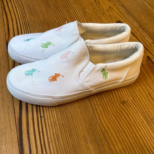Polo Ralph Lauren white colorful embroidered pony slip on women's sneakers SIZE 5