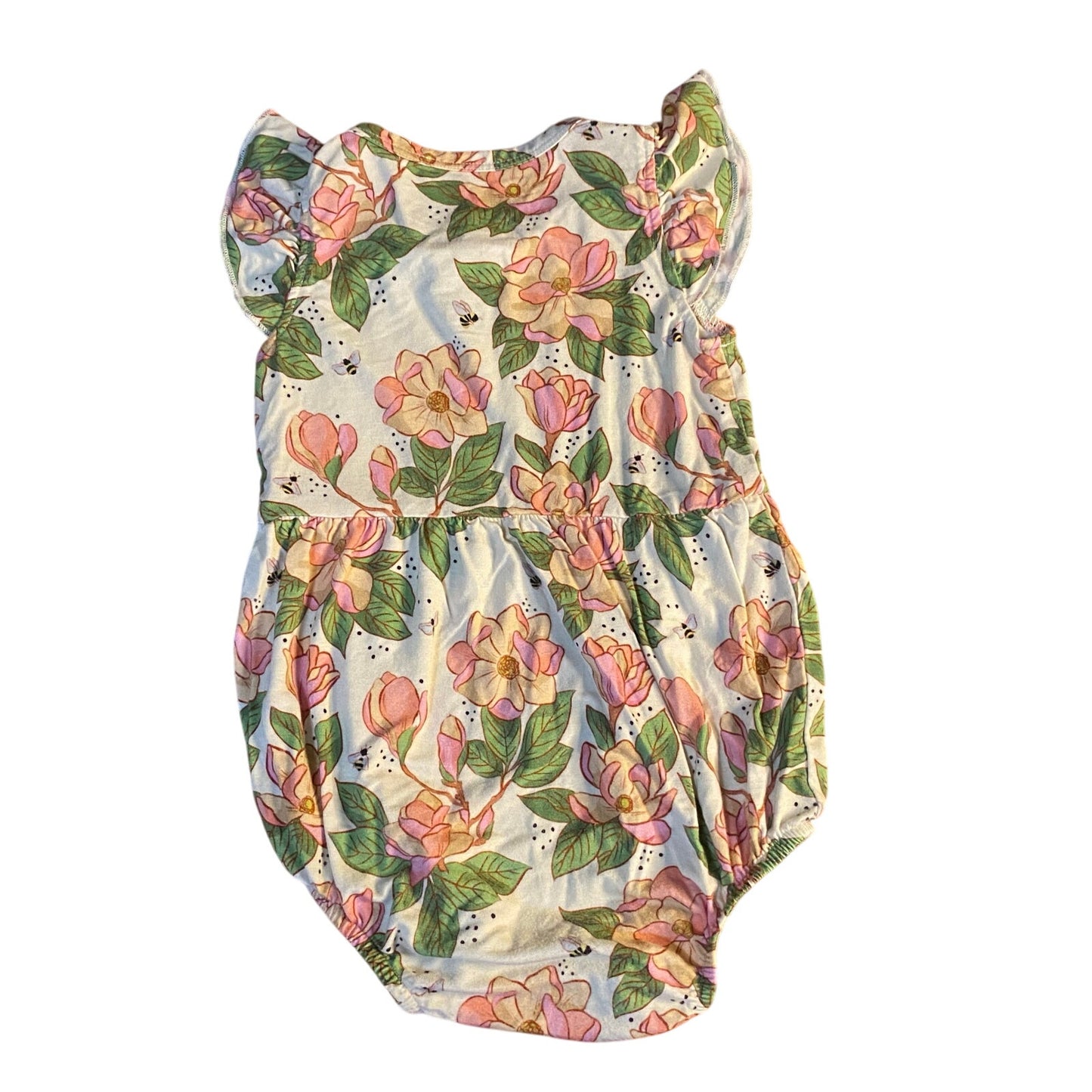 Goosies blush floral bee bamboo short ruffle sleeve bubble romper SIZE 3-6M