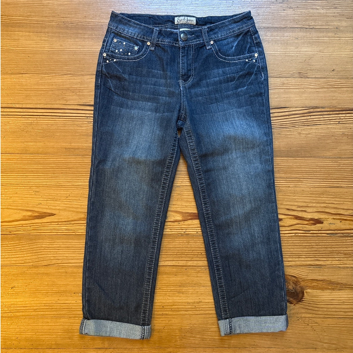 Earl Jean dark wash jeweled studded pocket cropped cuff jeans SIZE 6