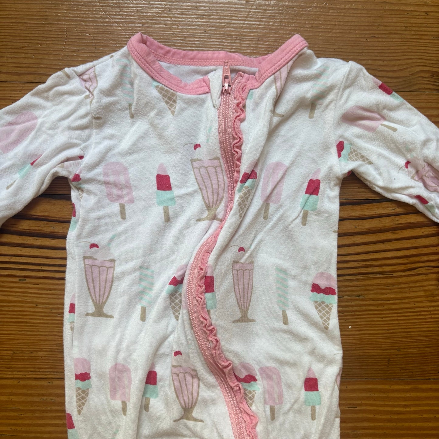 Kickee Pants white pink ice cream full zip bamboo bodysuit pajamas SIZE 6-9M