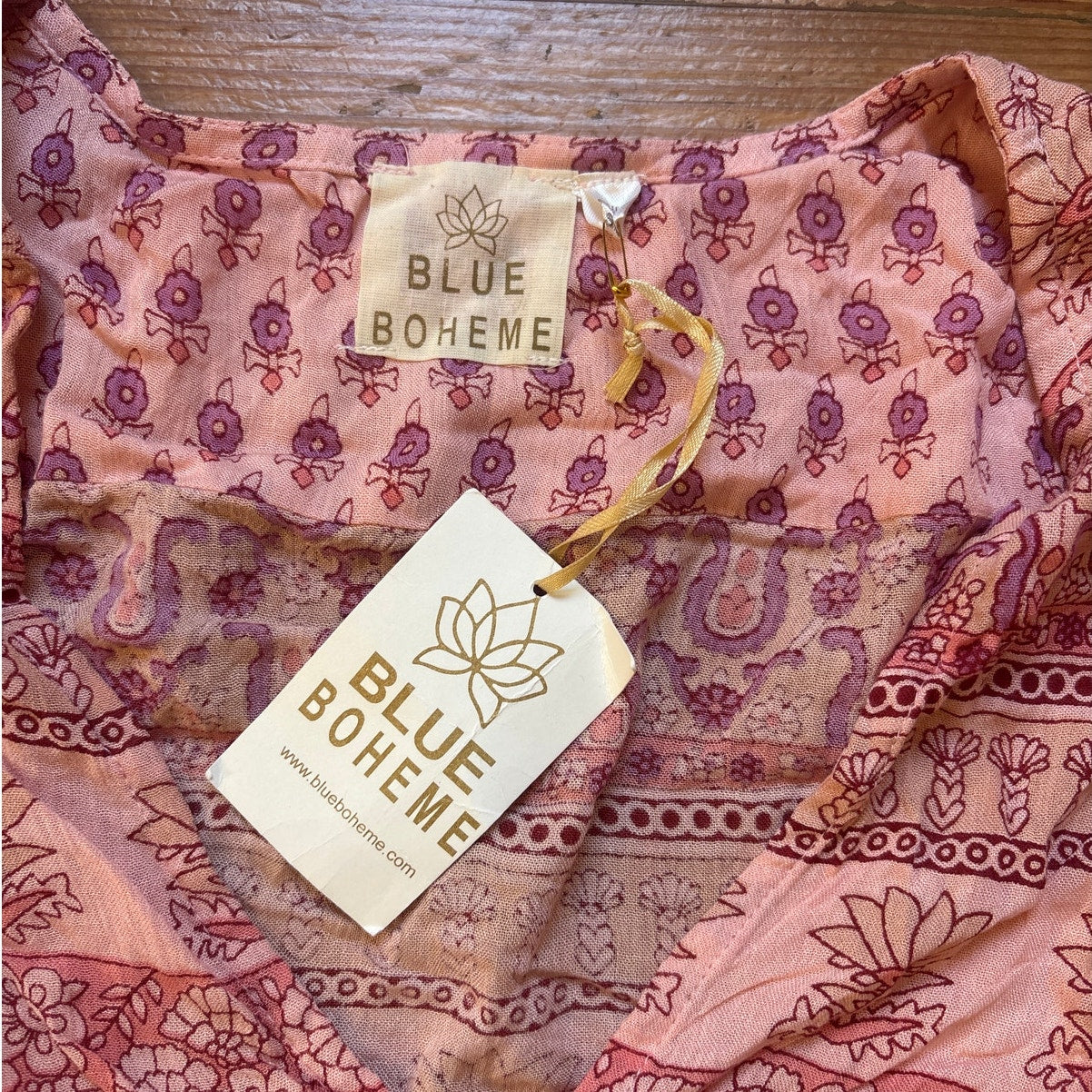 NWT Blue Boheme Bella pink romantic boho puff long sleeve wrap waist blouse OS
