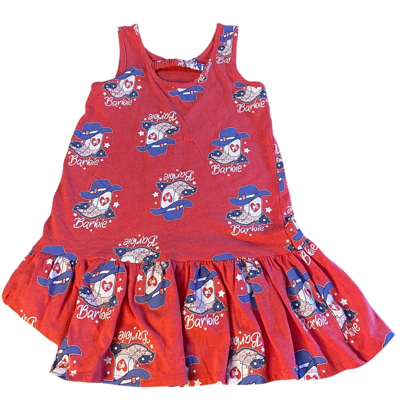 Barbie red blue floral boot print western tank shirt drop waist dress SIZE M