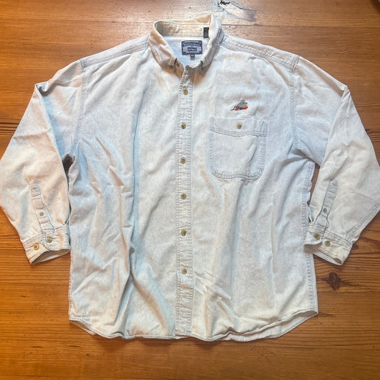 All Sport light wash denim fishing embroidered long sleeve button shirt SIZE XXL