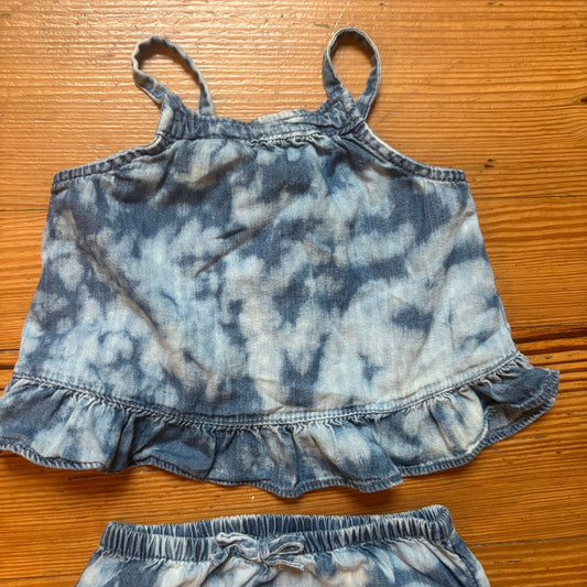 Gap denim tie dyed tan bloomers ruffle baby set SIZE 6-12M