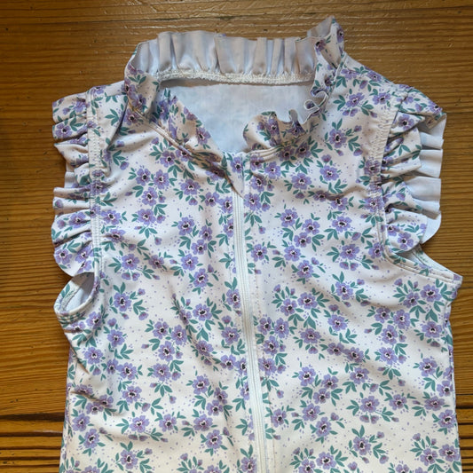 Shein white purple floral ruffle sleeve collar zip front swimsuit SIZE 7