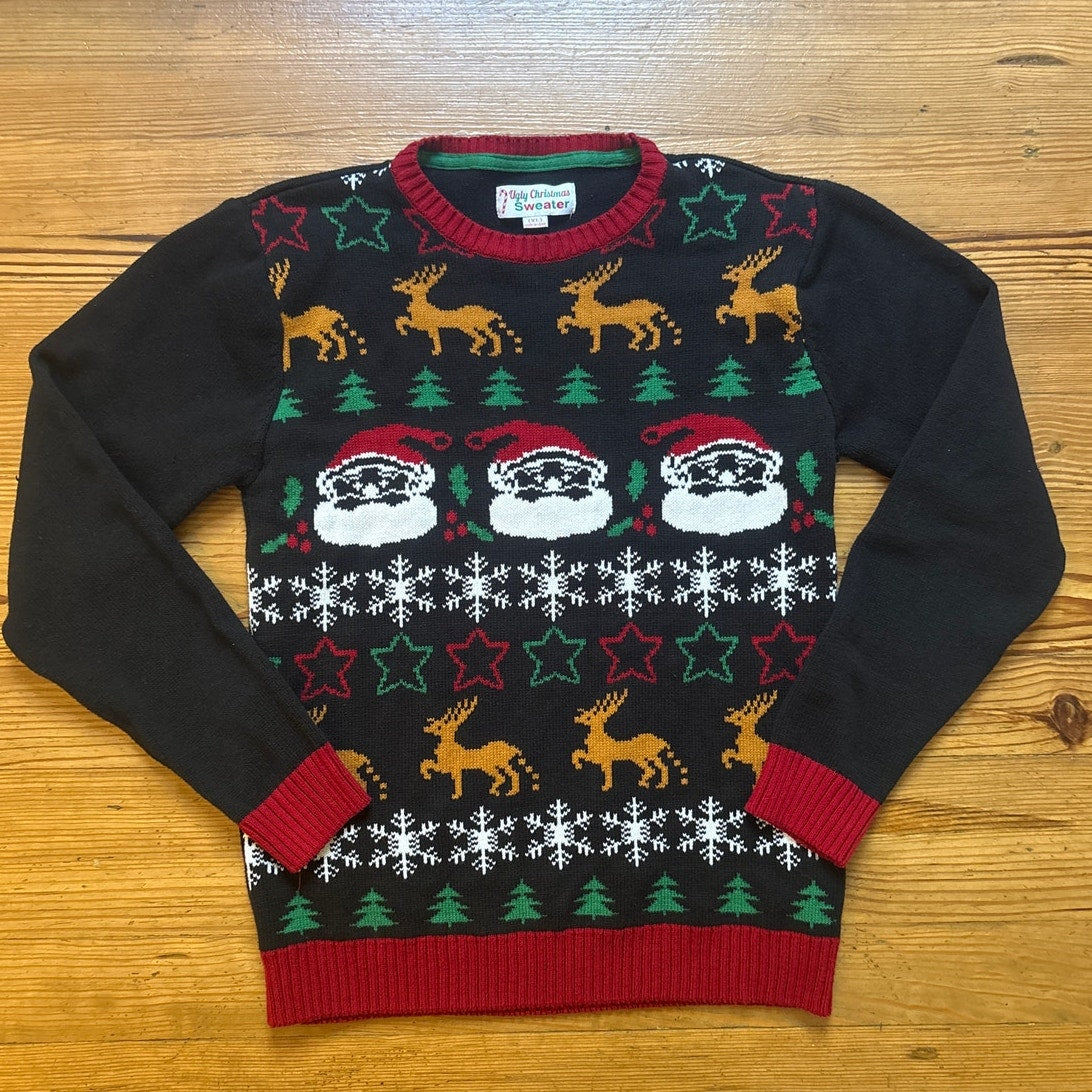 Ugly Christmas Sweater black santa holiday crew pullover sweater SIZE XL