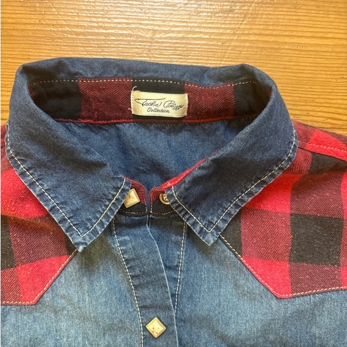 Laska Palazzis vintage western rustic buffalo plaid studded denim shirt SIZE M