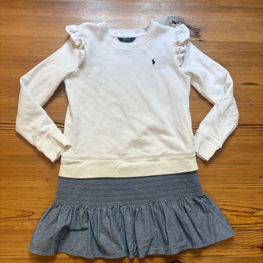 Polo Ralph Lauren white long sleeve navy pony ruffle sweater dress SIZE 16