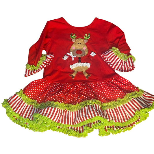 Rare Editions Christmas red reindeer ruffle long sleeve tiered dress SIZE 4