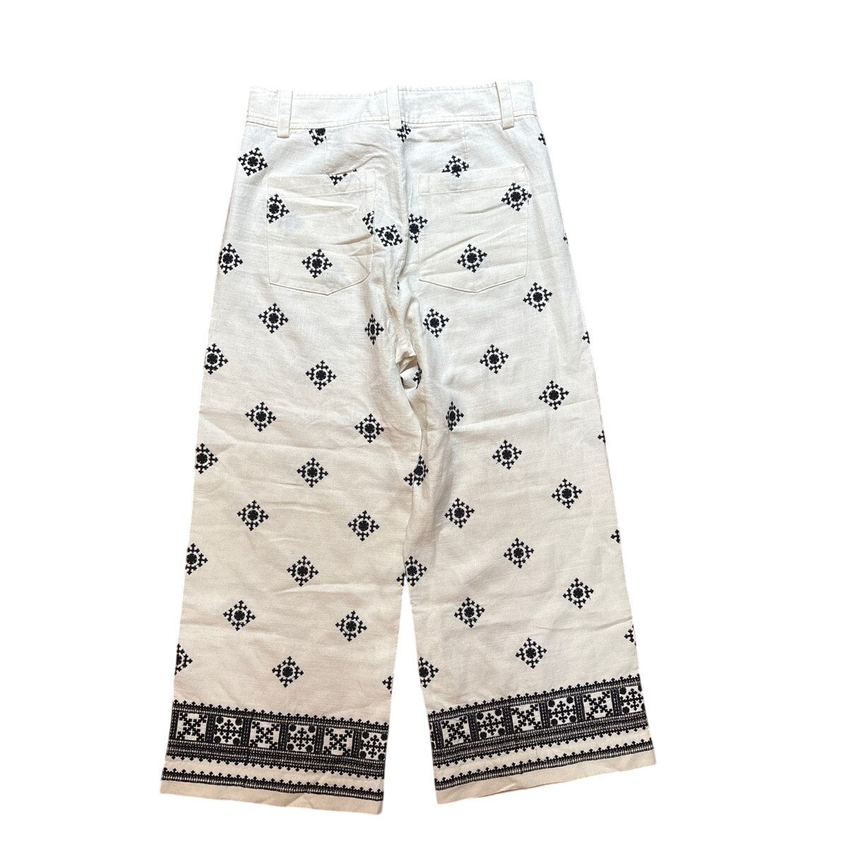 Zara linen blend white black embroidered wide leg cropped pants SIZE M