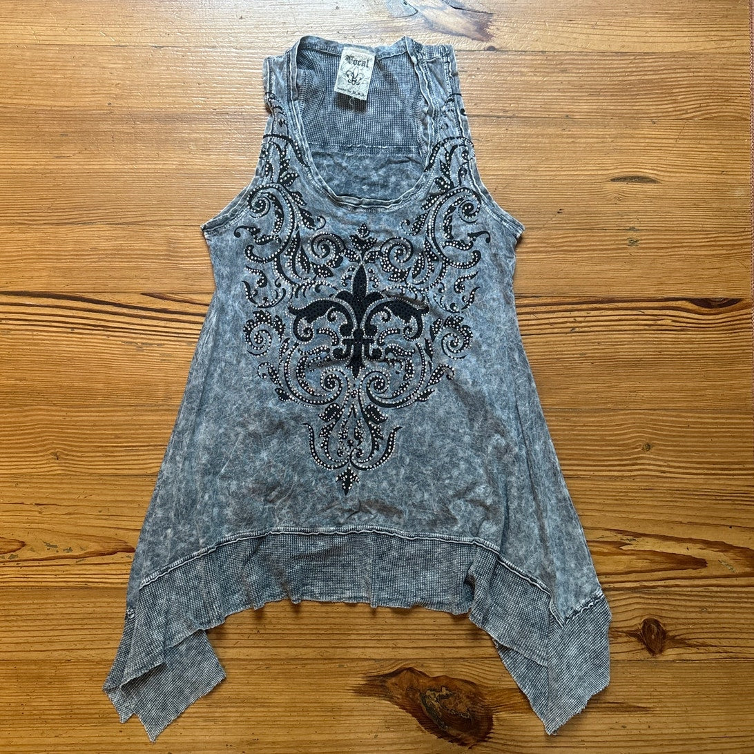 Y2k Vocal Apparel gray cotton crystal sequin cross tunic tank SIZE S