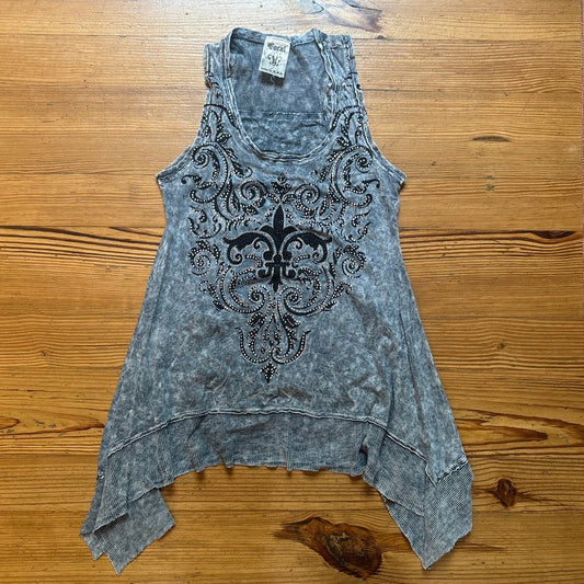 Y2k Vocal Apparel gray cotton crystal sequin cross tunic tank SIZE S