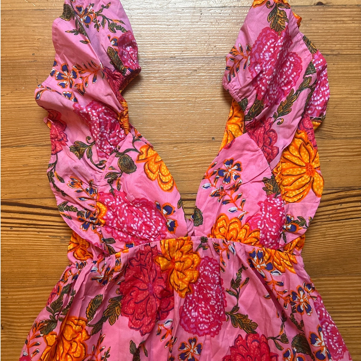 NWT Olivaceous pink floral ruffle oprn back fit flare mini dress SIZE L