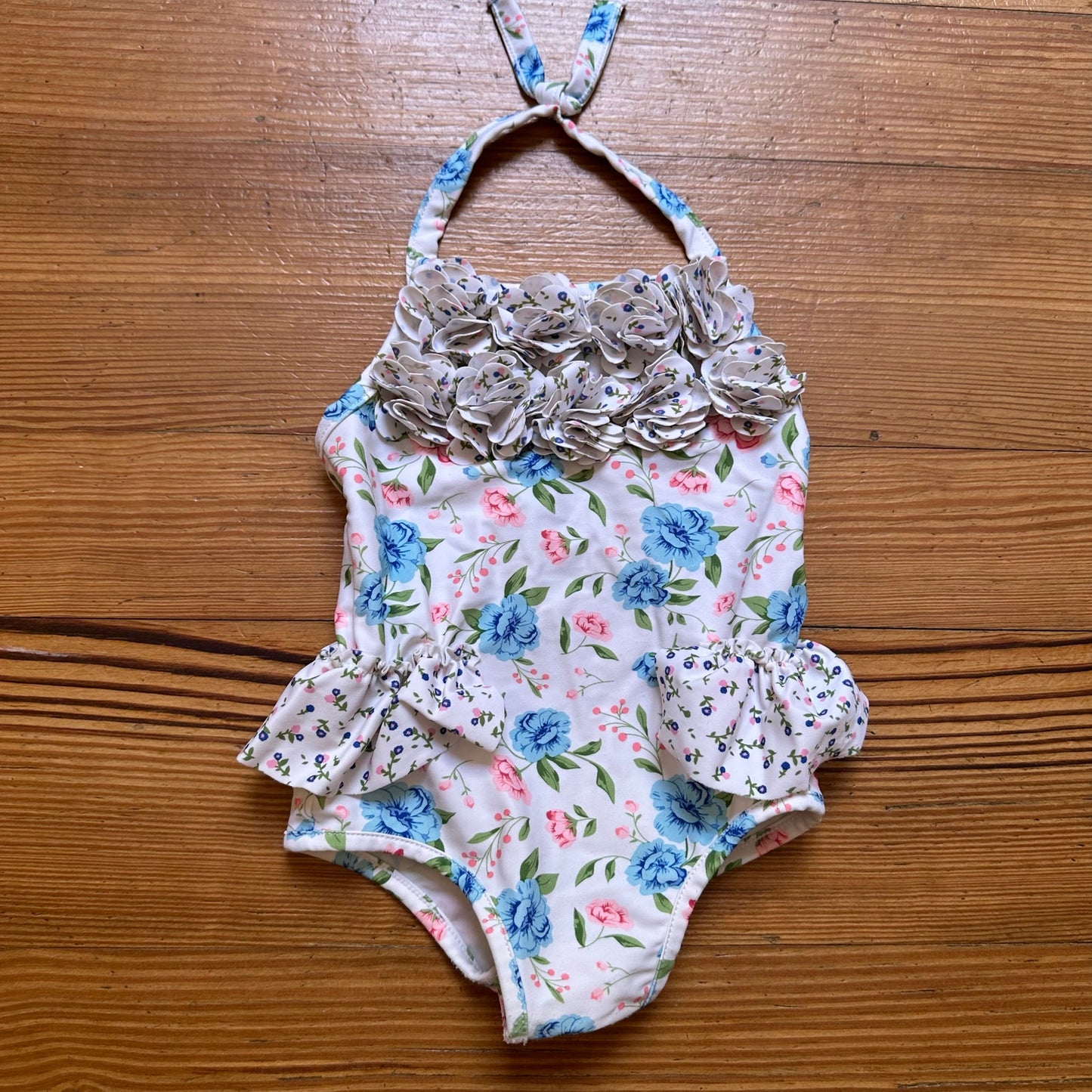 Mudpie Baby white floral halter ruffle one piece swimsuit SIZE 12M