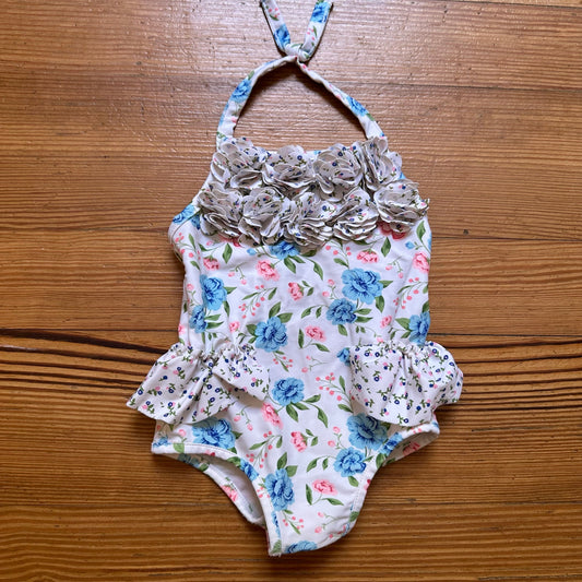 Mudpie Baby white floral halter ruffle one piece swimsuit SIZE 12M