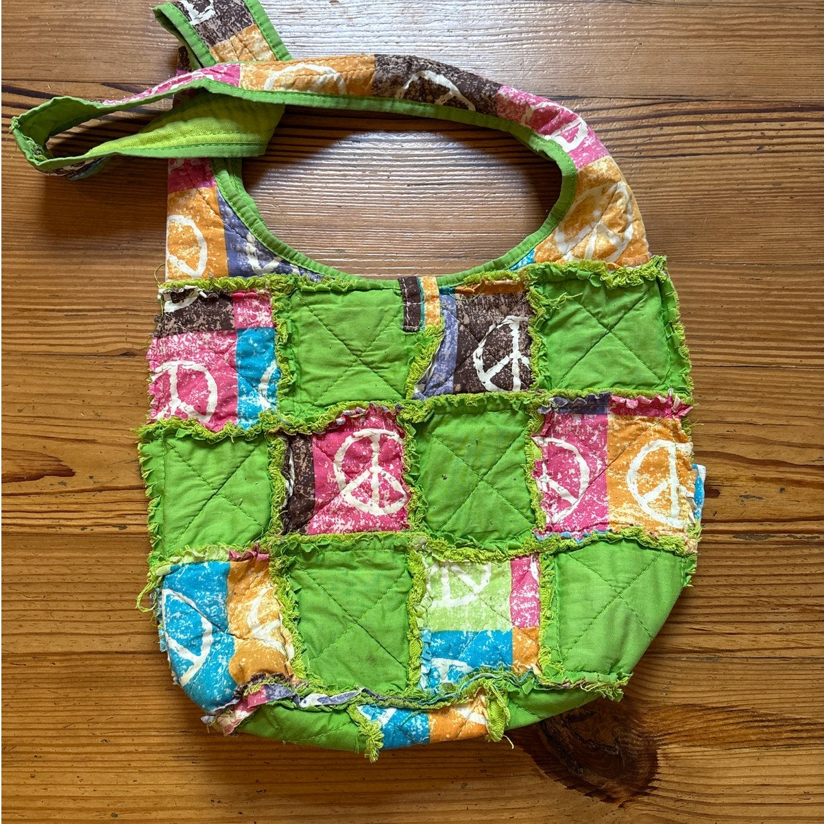 Green colorful patchwork peace sign boho crossbody rag bag