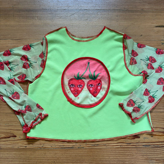Maddie Page Knitwear lime green red strawberry face sheer sleeve shirt SIZE M