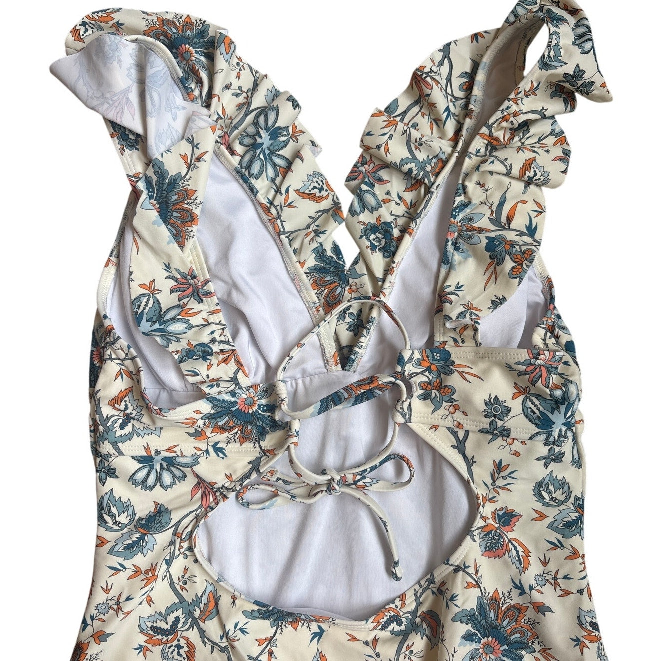 Cupshe beige blue floral plunge open back cheeky one piece swimsuit SIZE M