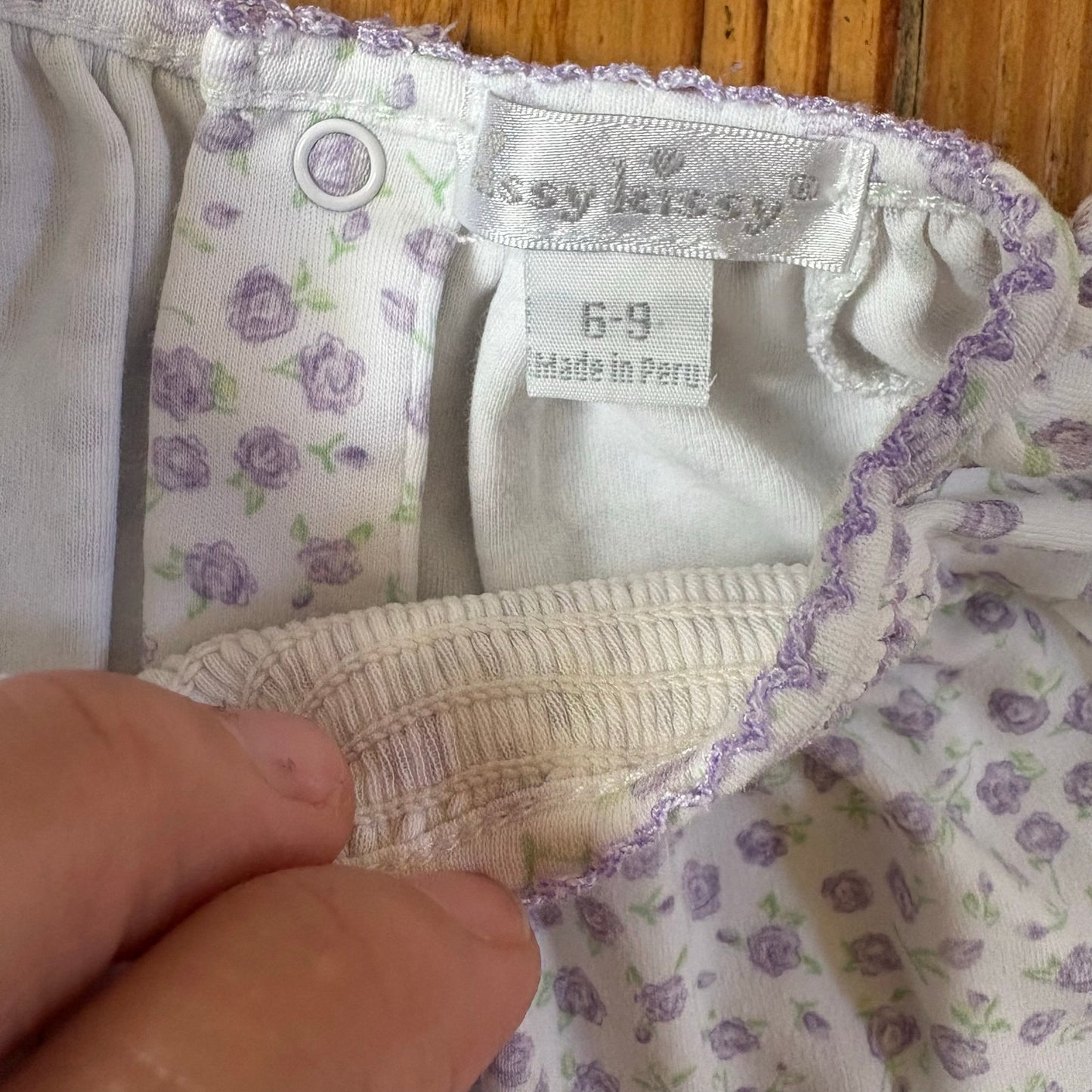 Kissy Kissy white purple floral smocked pima footed bodysuit SIZE 6-9M