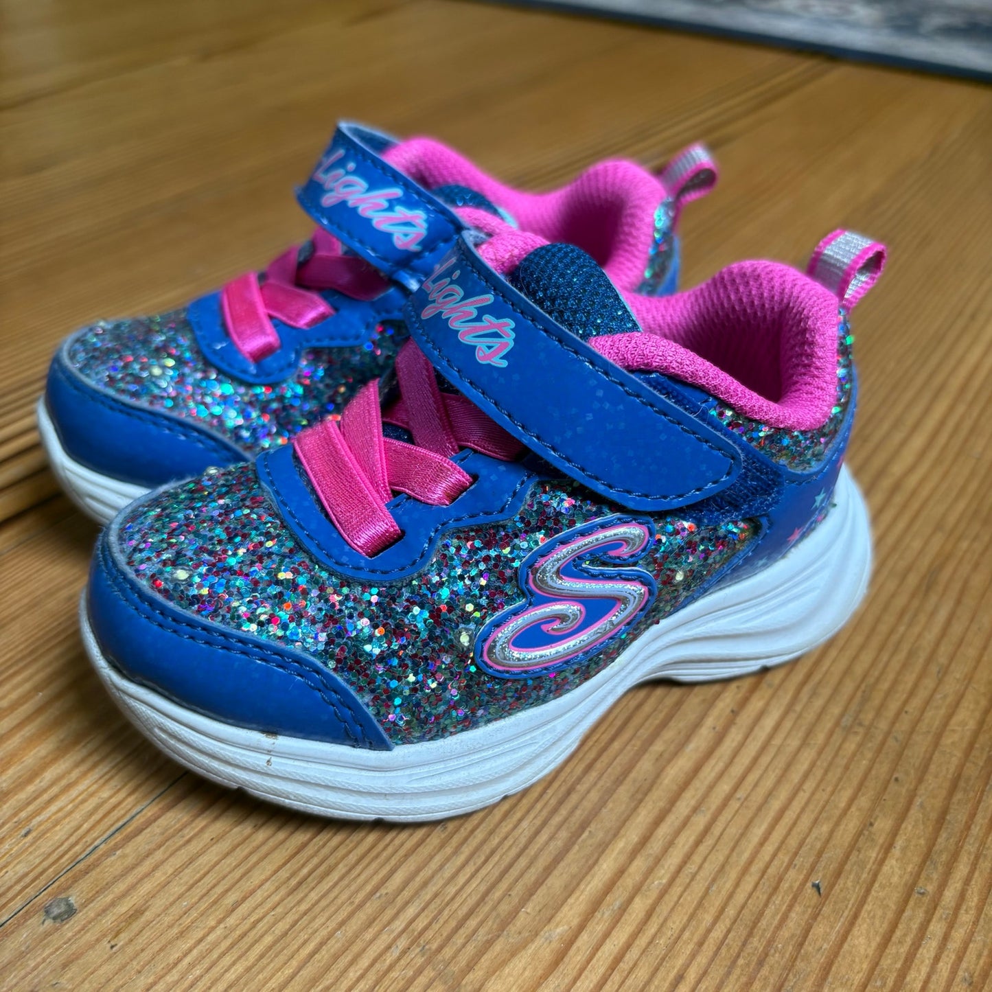 Skechers blue pink glitter light up slip on sneakers SIZE 5