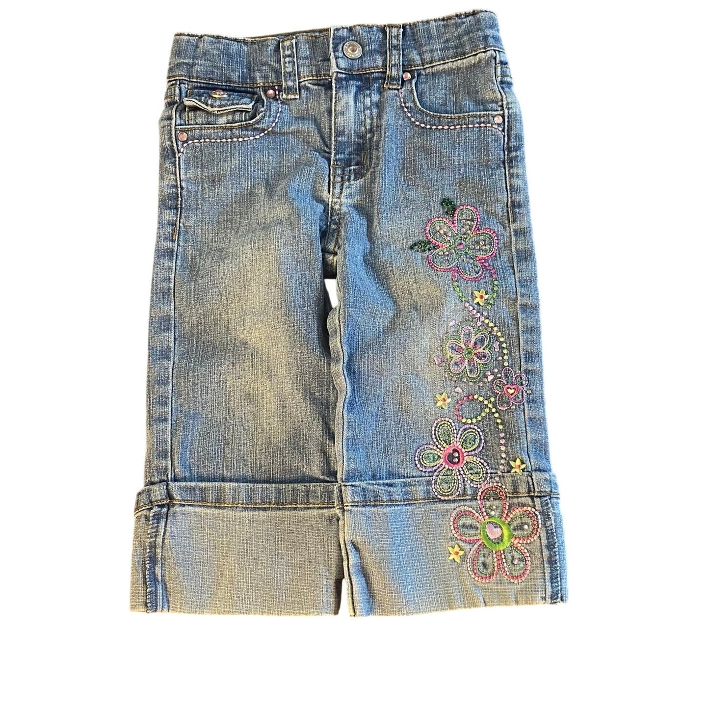 Y2k Arizona Jean cropped cuffed floral embroidered jeweled jeans SIZE 5
