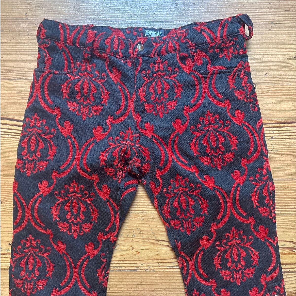Dracula Clothing red brocade office snap bottom boot cut pants SIZE 38