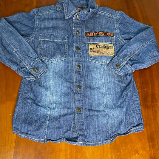 Harley Davidson medium wash denim jean logo long sleeve snap button shirt SIZE 5