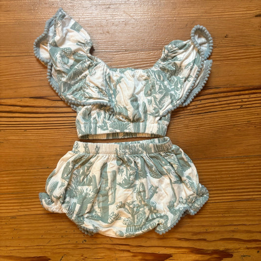 Kate Quinn bamboo green white cactus pom pom ruffle two piece set SIZE 3-6M