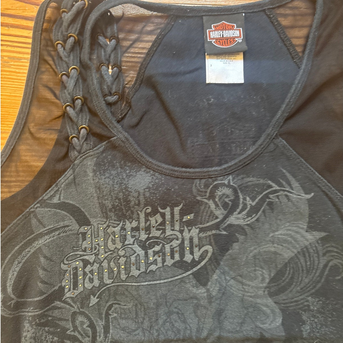 Harley Davidson Tacoma, WA black sheer braided accent shoulder tank SIZE XL