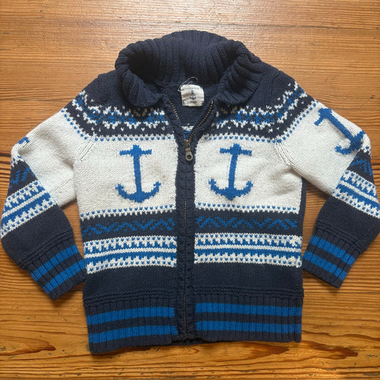 Lands' End vintage blue white anchor wool blend full zip boys sweater SIZE M
