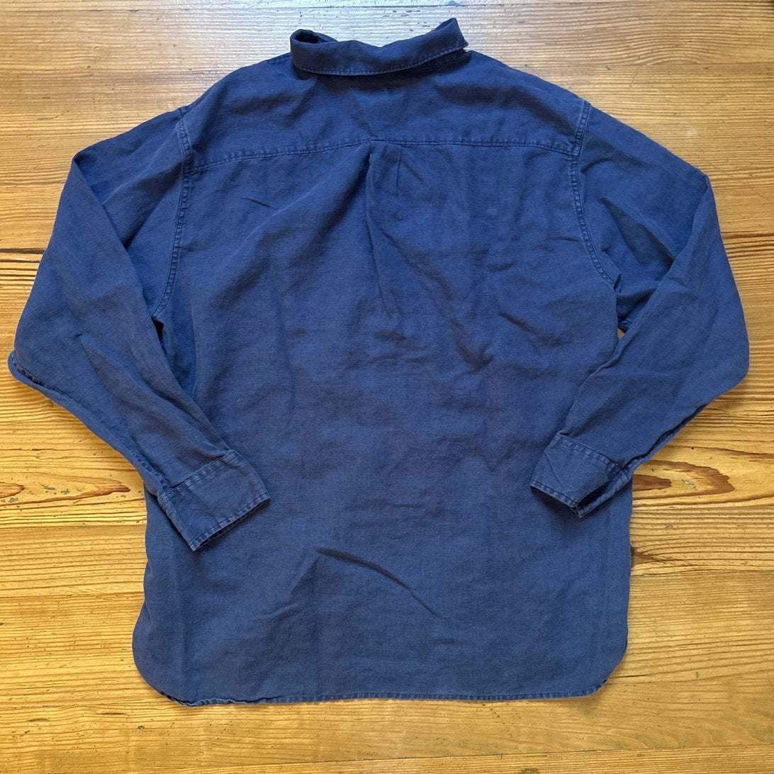 Guess 90s linen dark blue fish long sleeve mens button up shirt SIZE XL