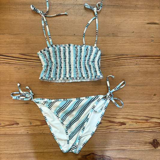 H&M blue black white striped smocked tie top bikini swimsuit SIZE M