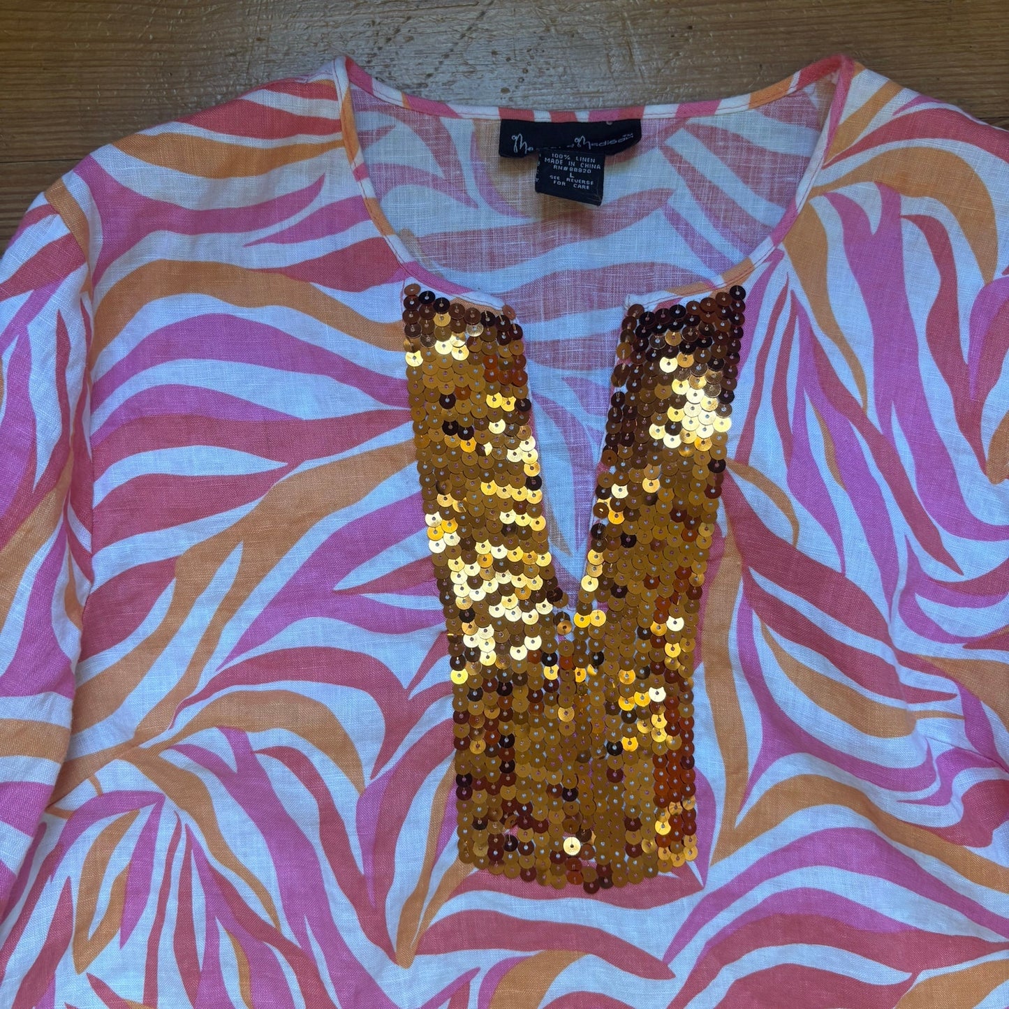 Mercer & Madison orange pink with sequin v neckline linen shirt SIZE L