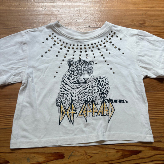 Def Leppard white studded cheetah girls short sleeve cropped shirt SIZE 6